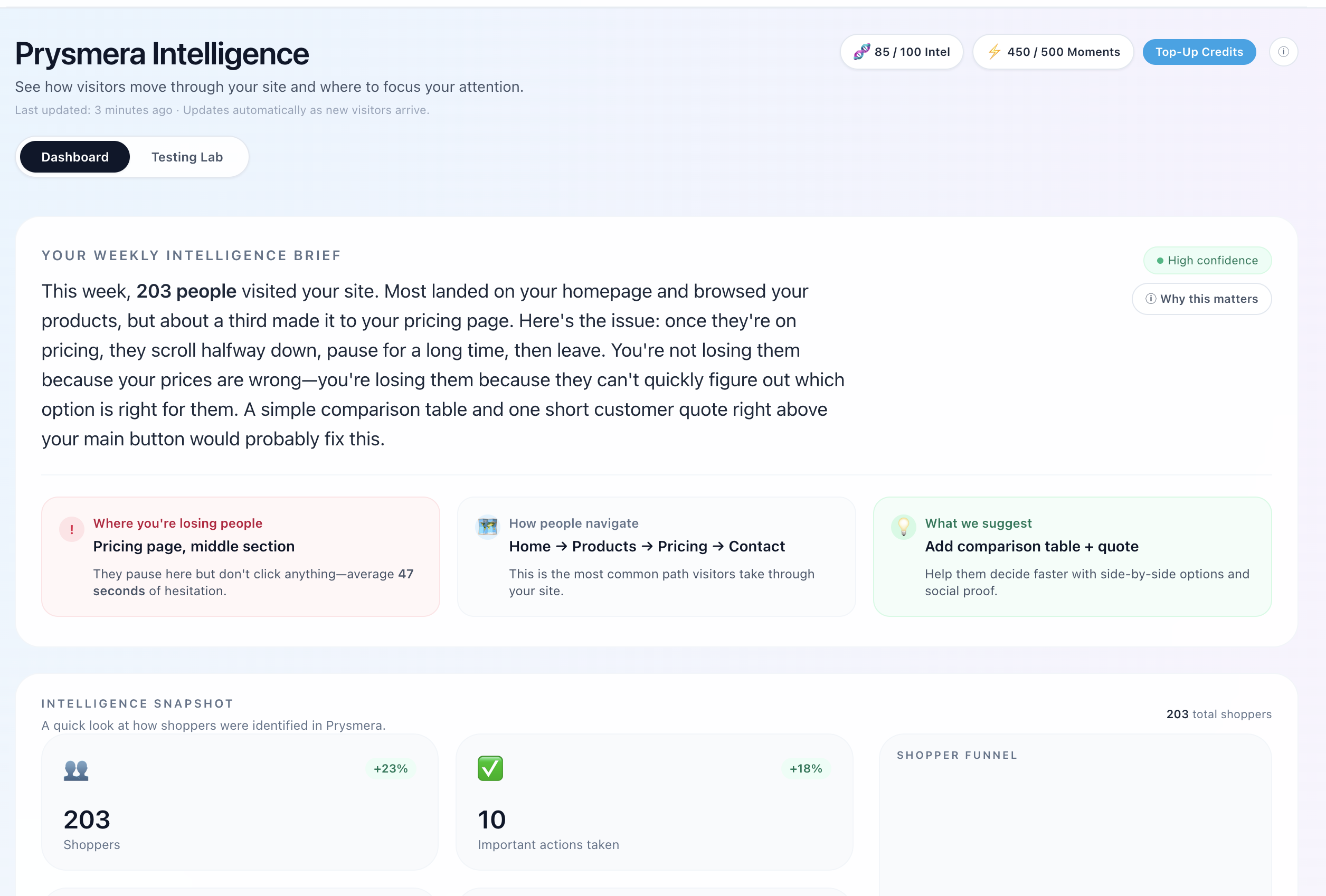 Prysmera Dashboard Interface